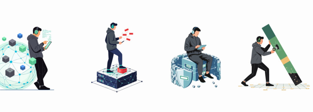 Illustration set of a tech expert engaged in cybersecurity, data management, and network infrastructure activities against a white background.