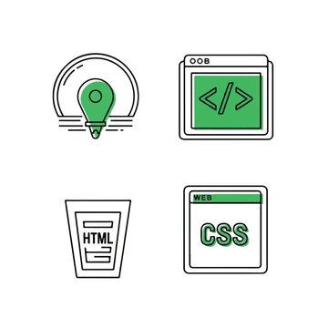 Coding symbols and web development icons.