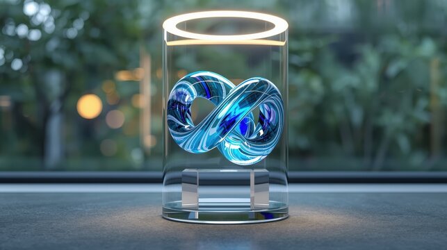 Abstract blue shiny infinity loop symbol floating inside a modern glass cylinder display case in a dark futuristic room with soft glowing light effects