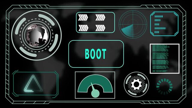 Futuristic HUD Interface with "BOOT" Acronym in Glowing Blue Concentric Circles and Digital Background, 4K Animation Video of The World Digital Data Cyber Technology.