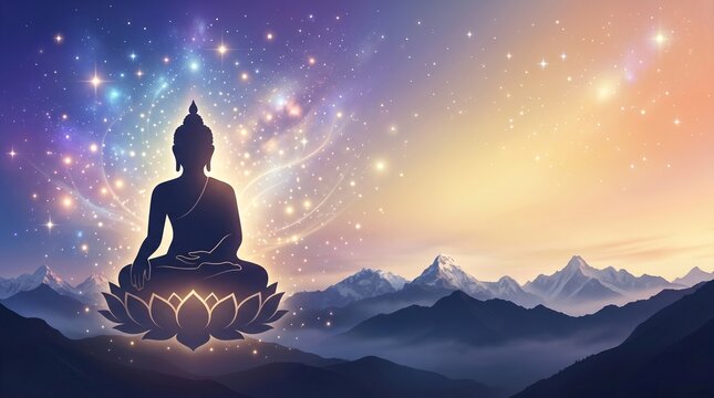 Drukpa Tshechi Festival Banner with Buddha Silhouette, Glowing Celestial Lights, and Spiritual Gradient Background for Dharma Celebration
