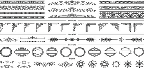 Vintage Decorative Border and Divider Collection Featuring Ornamental Corners, Floral Frames, Elegant Badges, and Classic Line Art Elements for Creative Design Projects © Nilota