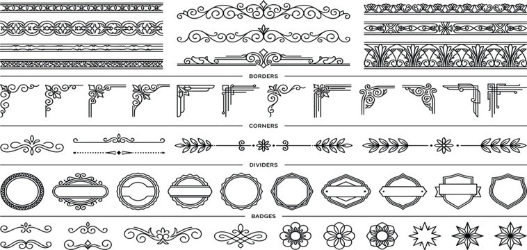 Vintage Decorative Border and Divider Collection Featuring Ornamental Corners, Floral Frames, Elegant Badges, and Classic Line Art Elements for Creative Design Projects