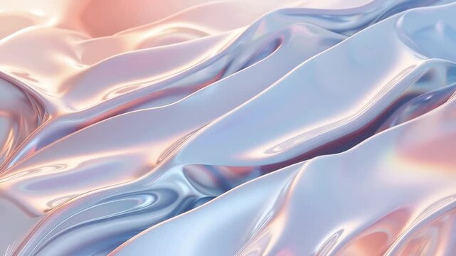 Abstract fluid silk texture background with soft pink and blue gradient waves. Glossy liquid satin with holographic shine for luxury cosmetic, skincare web design, fashion banner, and beauty product p