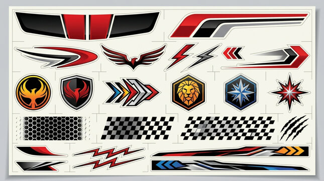 Collection of racing car decals and stickers for customization.