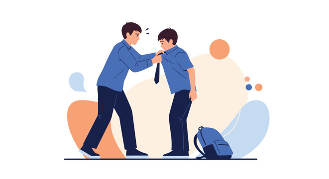 Conceptual illustration of school bullying showing one student grabbing another by the tie in a stressful educational setting.