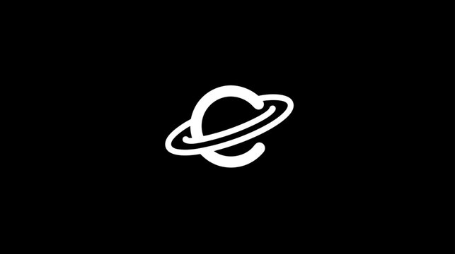 Minimalist white planet icon with orbiting ring on black background, abstract cosmic design for space, science, and technology concepts.