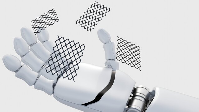 A 3d rendering of a robotic hand delicately holding a small square of ultra-fine stainless steel mesh, symbolizing precision engineering.