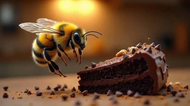 A large fuzzy honey bee flying towards a slice of dark chocolate cake on a wooden table in a dimly lit room with warm golden lighting in the background