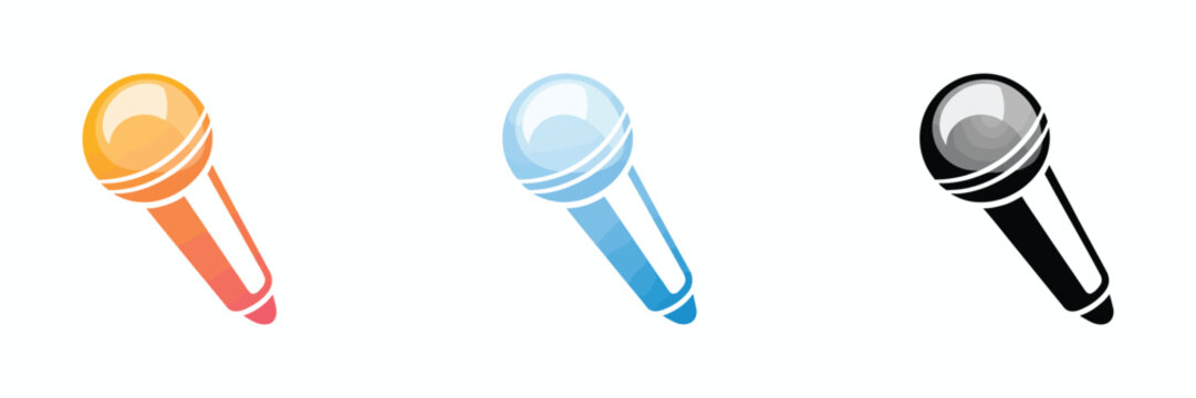 Microphone illustrations with vibrant gradient aesthetics, symbolizing stage performances, podcast creation, musical expression, professional broadcasting, speech delivery, entertainment technology, a