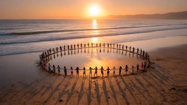 Unity and connection depicted by a circle of people holding hands on a beach at sunset