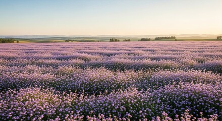 Fototapeta premium Vast Lavender Field Under a Soft Sunset Sky.