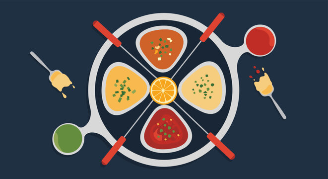 Creative flat lay illustration of a colorful fondue set with various sauces and dipping forks perfect for party food and catering concepts.