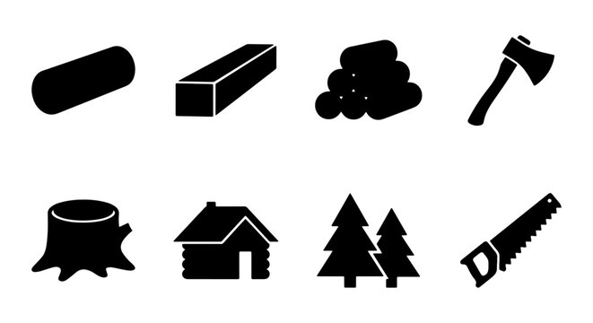 Woodcutting and lumberjack icons set: log, axe, saw, tree, cabin, stump Vector