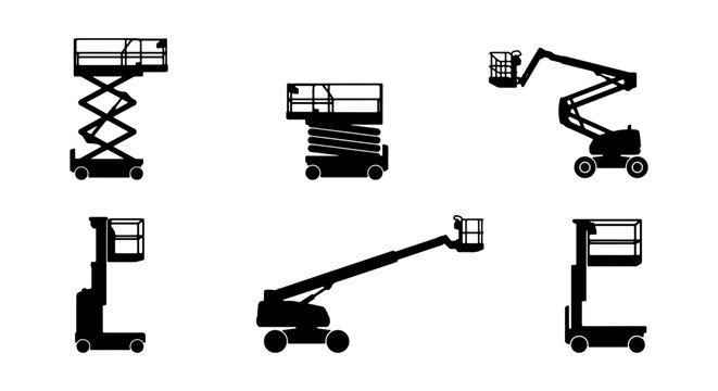Collection of six different black silhouette aerial work platform lifts and boom lifts on a white background Vector
