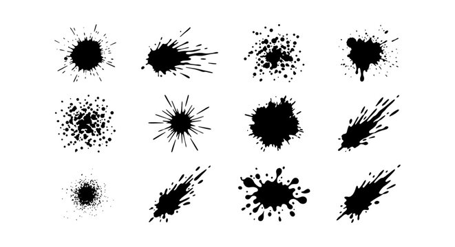 Collection of black ink splatters and splashes, abstract grunge paint drops, vector art Vector