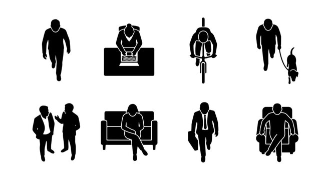 Set of black silhouette icons of people doing various activities from a top view, including walking, cycling, working, and sitting. Vector