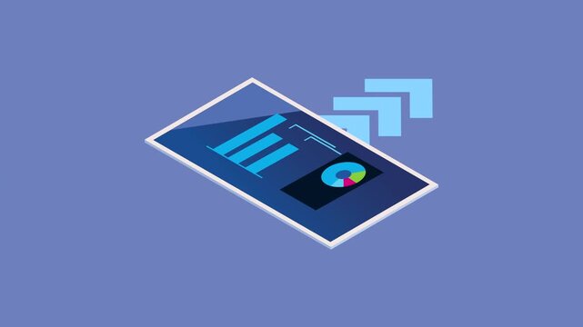 Isometric financial data visualization animation with rising arrows and business infographics on digital tablet screen.