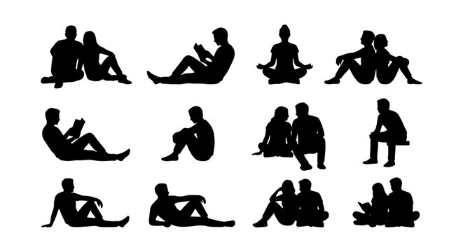 Collection of black silhouettes of people sitting and reading in various poses Vector