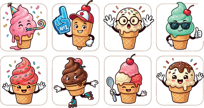 Cute cartoon ice cream cone characters set with funny expressions stickers vector illustration