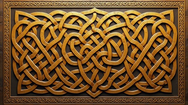 Intricate golden celtic knotwork pattern carved in wood with detailed relief design for decorative historical art and traditional border frame background