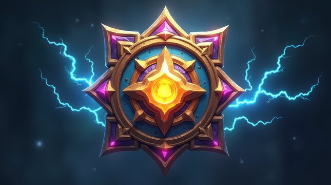 Golden rank emblem with purple details and bright blue lightning energy effects for competitive online multiplayer video game achievements and player rewards