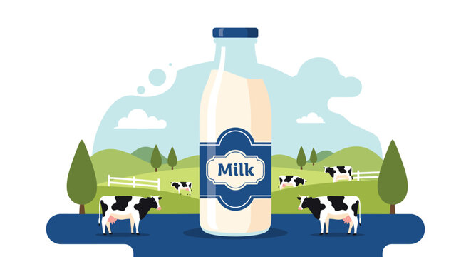 Fresh dairy product advertisement featuring a large glass bottle of milk against a scenic green meadow background with grazing cows.