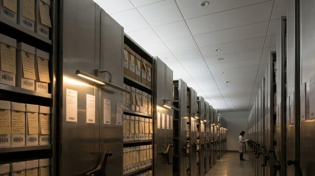 Expansive rows of metal rolling shelving units filled with archives and records stretching down a large illuminated aisle.