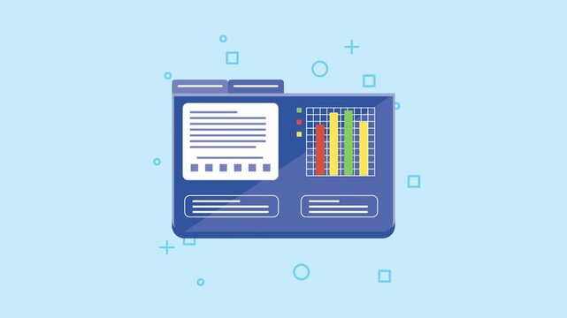 Business data folder animation showing colorful bar charts and financial documents on light blue background with geometric shapes.