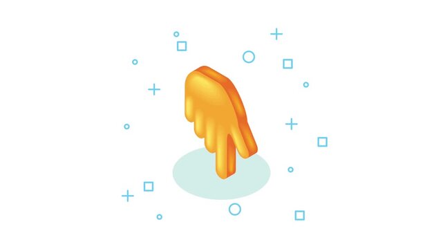 Down pointing finger icon animation on white background with geometric shapes motion.