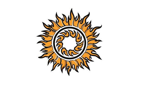 Stylized sun symbol featuring multiple layers of orange and yellow flames radiating from a central circle on a white background.