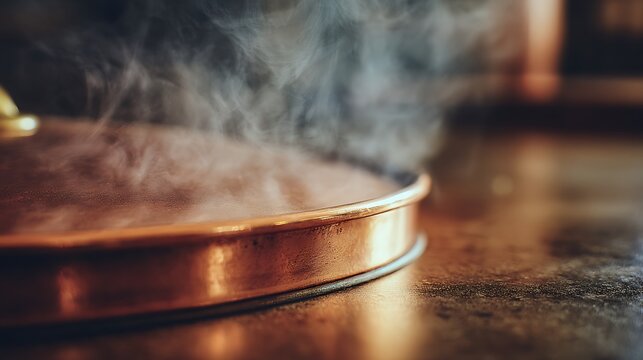 Steaming hot metal pan on a dark kitchen surface.