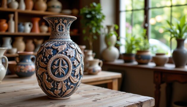 Ornate ceramic vase displayed on a wooden table with pottery and plants in a sunlit room.