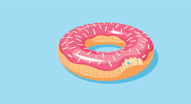 Pink frosted donut shaped pool float with white sprinkles resting on a light blue background representing summer vacation fun.