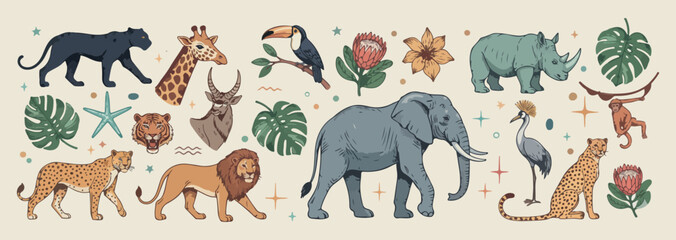 Fototapeta premium Jungle Wildlife Art, Elephant Lion Toucan, Safari Nature Doodles, Hand Drawn Animals, Exotic Forest Elements, Biological Creature Illustration, Wild Adventure Set 