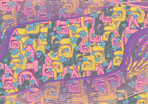 Bright funky backdrop created by geometrical elements and lines. Colorful floral and linear motifs for fashion trends, business, covers, scrapbooking, interior solutions, tiles, prints, posters, etc. 