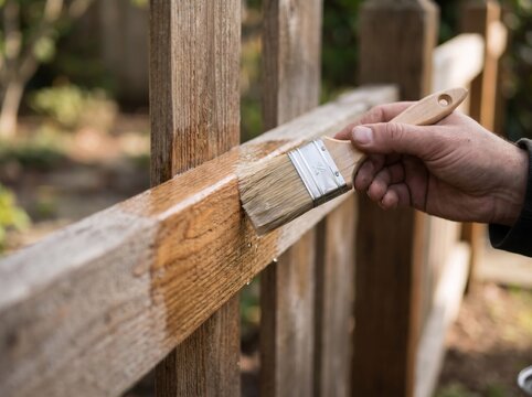Man staining wooden fence with brush. Handyman applying protective varnish or oil to cedar planks. Home improvement, backyard renovation and wood maintenance work or repair project.