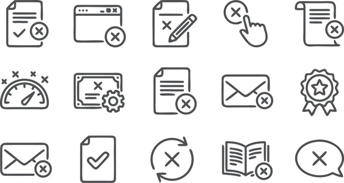 Decline and cancel document line icon set with cross delete remove wrong negative marks