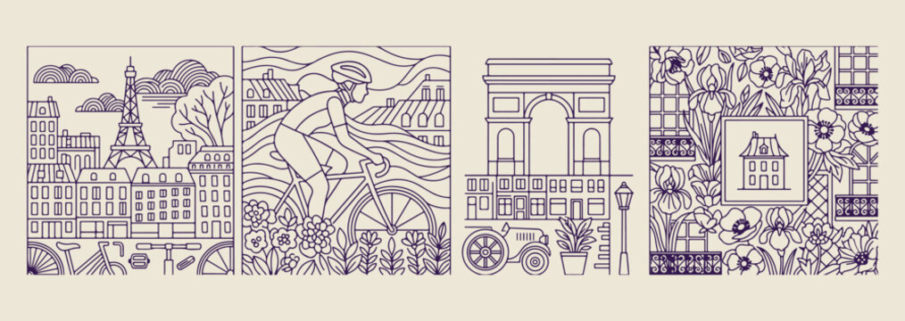 European Travel Doodles, Paris Arc de Triomphe, Bicycle City Tour, Hand Drawn Landmarks, Holiday Vacation Art, Architectural Scenery Elements, World Exploration Illustration
