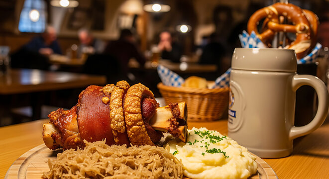 Traditional German pork hock (Schweinshaxe) with sauerkraut, mashed potatoes, beer, and pretzel in a cozy restaurant setting.