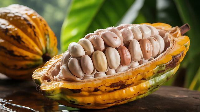 Freshly opened cacao pod revealing its creamy white and brown beans on a wooden surface