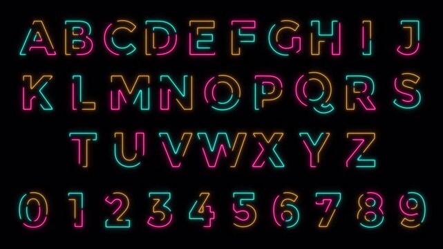 Neon Alphabet and Number Font Set Animation Transparent Background