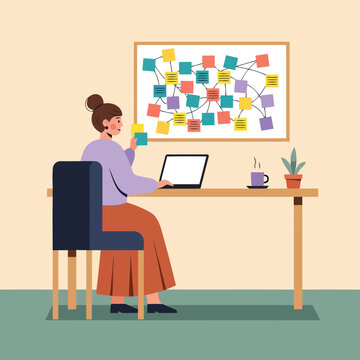 Vector illustration of a woman working at a desk with laptop and notes