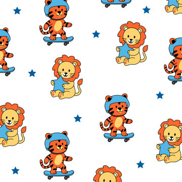 lion and tigger cute cartoon vector seamless pattern design for kids apparel