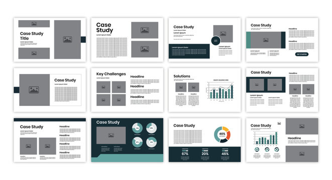 A collection of case study slides templates with various graphs and charts on a clean white background