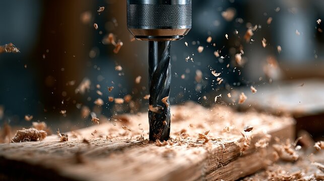 A drill bit is drilling into a piece of wood in a workshop