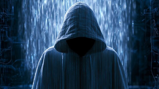 A mysterious hooded figure stands alone in the rain at night