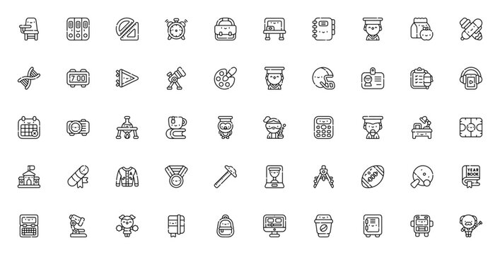 College icon set. Minimal line icons. Includes symbols for school, education, campus, learning, student, graduation and more. Editable vector stroke.