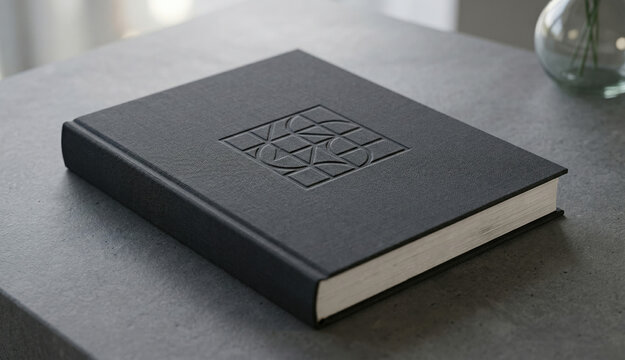 Elegant black hardcover brand guidelines book with embossed logo on dark textured surface.