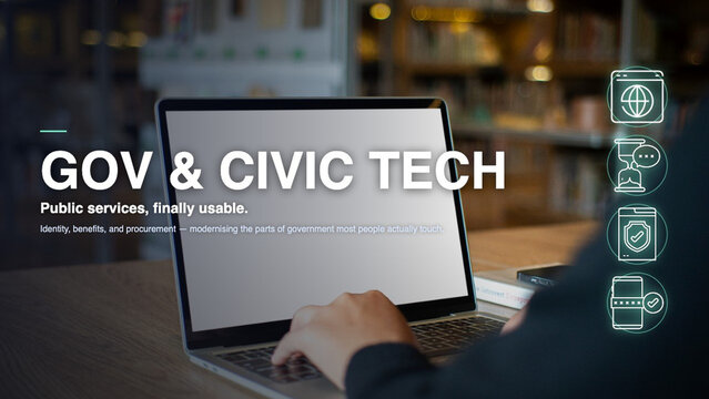 government civic technology public services digital transformation person using laptop computer for online government portal identity benefits procurement